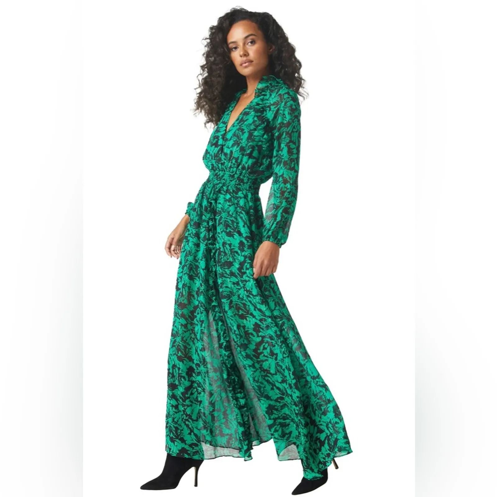 Misa Jocasta Maxi Dress Emerald Green Black Abstract Floral XS Holiday Xmas - Image 5