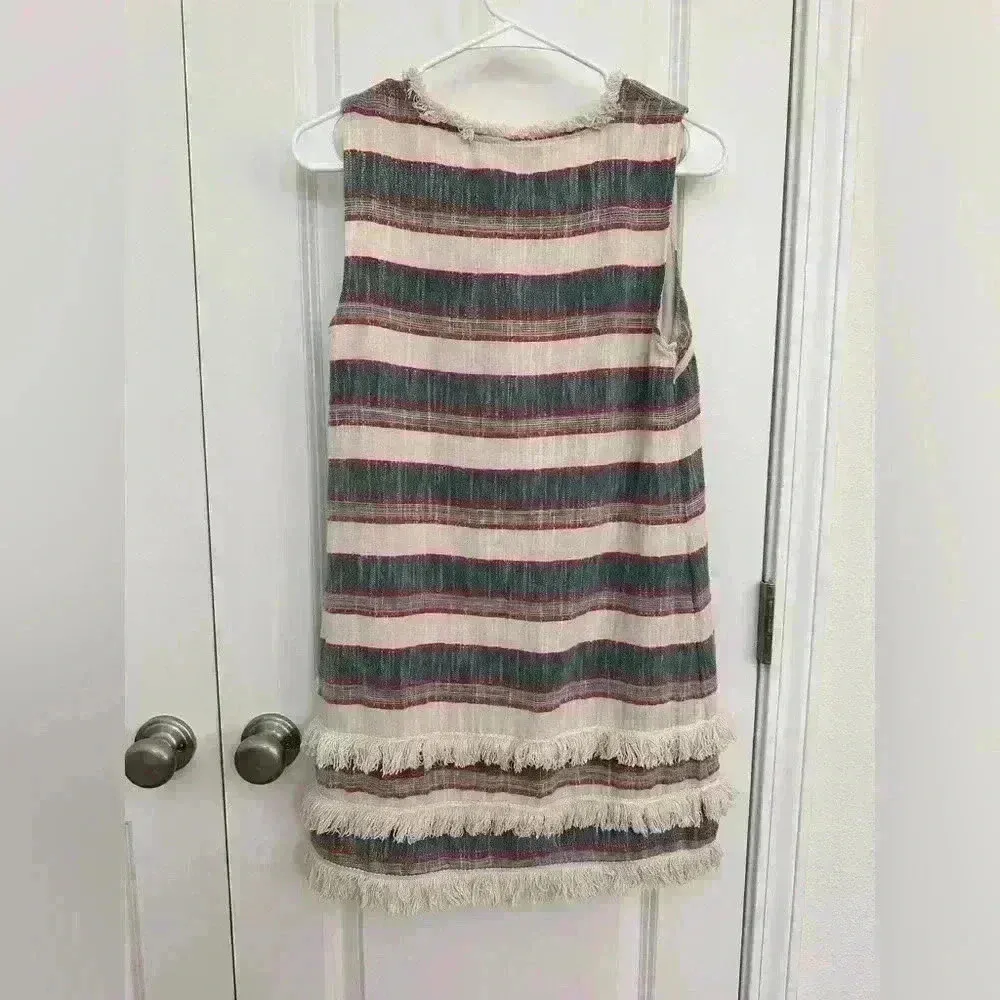 Holding Horses Anthropologie Blue Stripe Fringe Shift Dress Size 2P - Image 4
