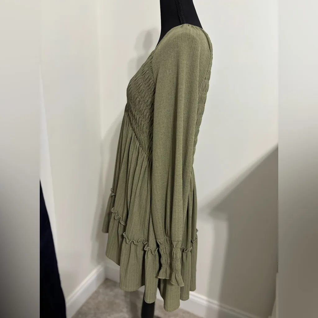 Altar'd State Olive L/S Dress with smocked bodice tiered ruffle hem shirt -Small - Image 2
