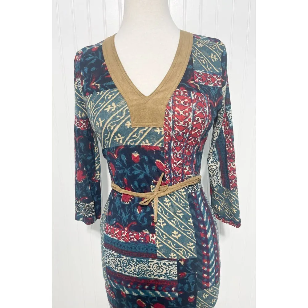 Lauren Ralph Lauren Patchwork Knee Length Dress Faux Suede Wrap Belt Green Small - Image 13