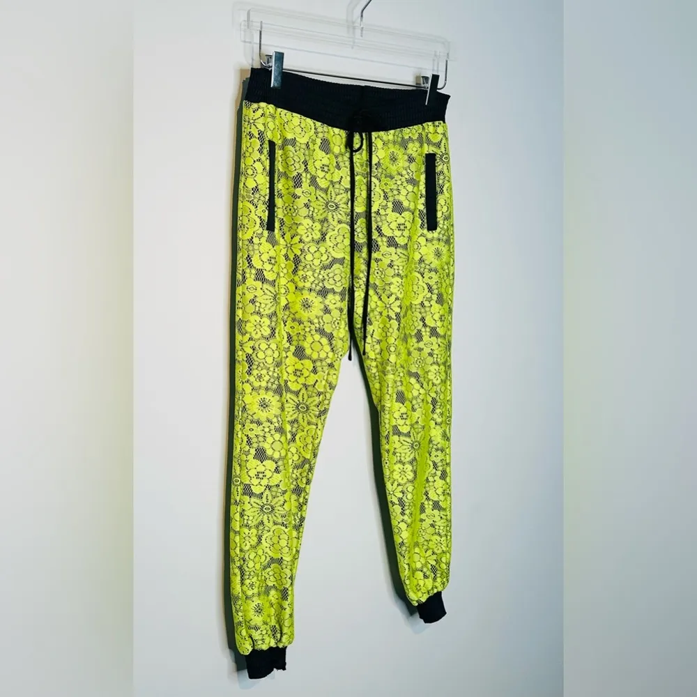 ALEXIS Neon Yellow Lace Black Satin Joggers Pants Size XS - Image 3