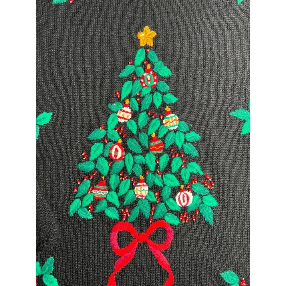 Nutcracker Women’s Christmas Holiday Sweater Embroidered Tree Hollies Knit sz L Black Size L - Image 2
