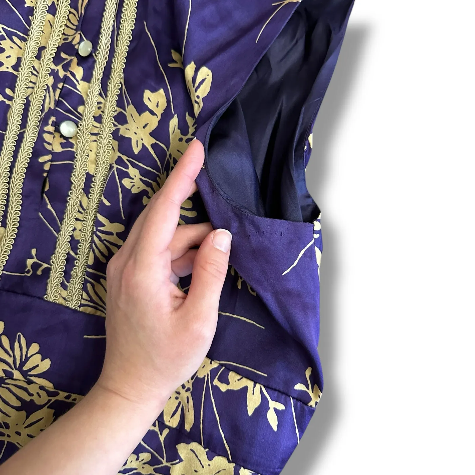Jonathan Martin Studio‎ 100% Silk Purple Gold Floral Embroidered Midi Dress Sz 8 - Image 9