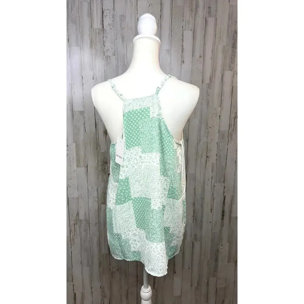 Heyson Women's Medium‎ Floral Patchwork Tank Top Mint Green Sleeveless V - Image 6
