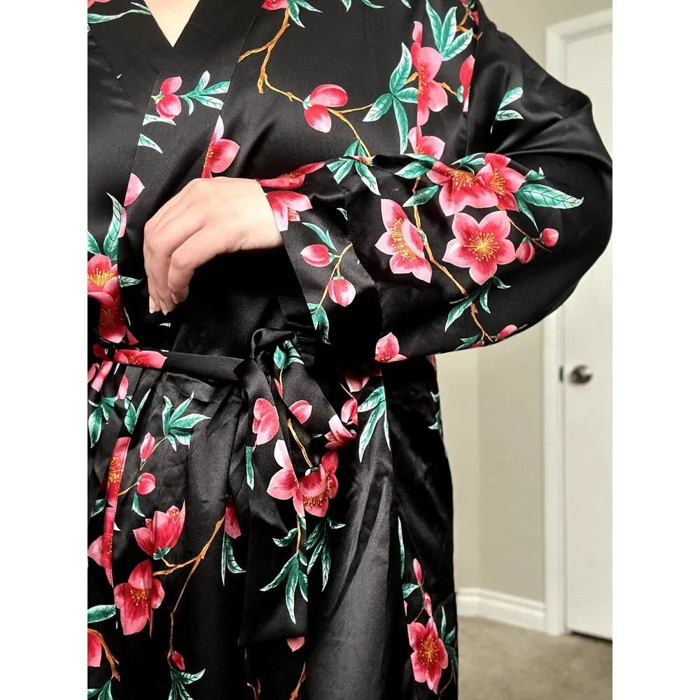 Vintage Victoria’s Secret Gold Label 80s Silk Robe Nightgown Black Floral Small - Image 8