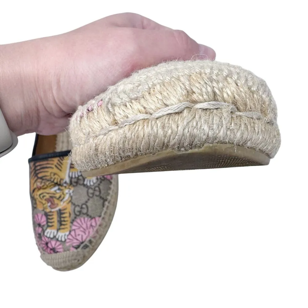GUCCI Supreme Monogram Bengal Tiger Espadrilles Flats Beige Pink Flowers EU 37.5 - Image 13