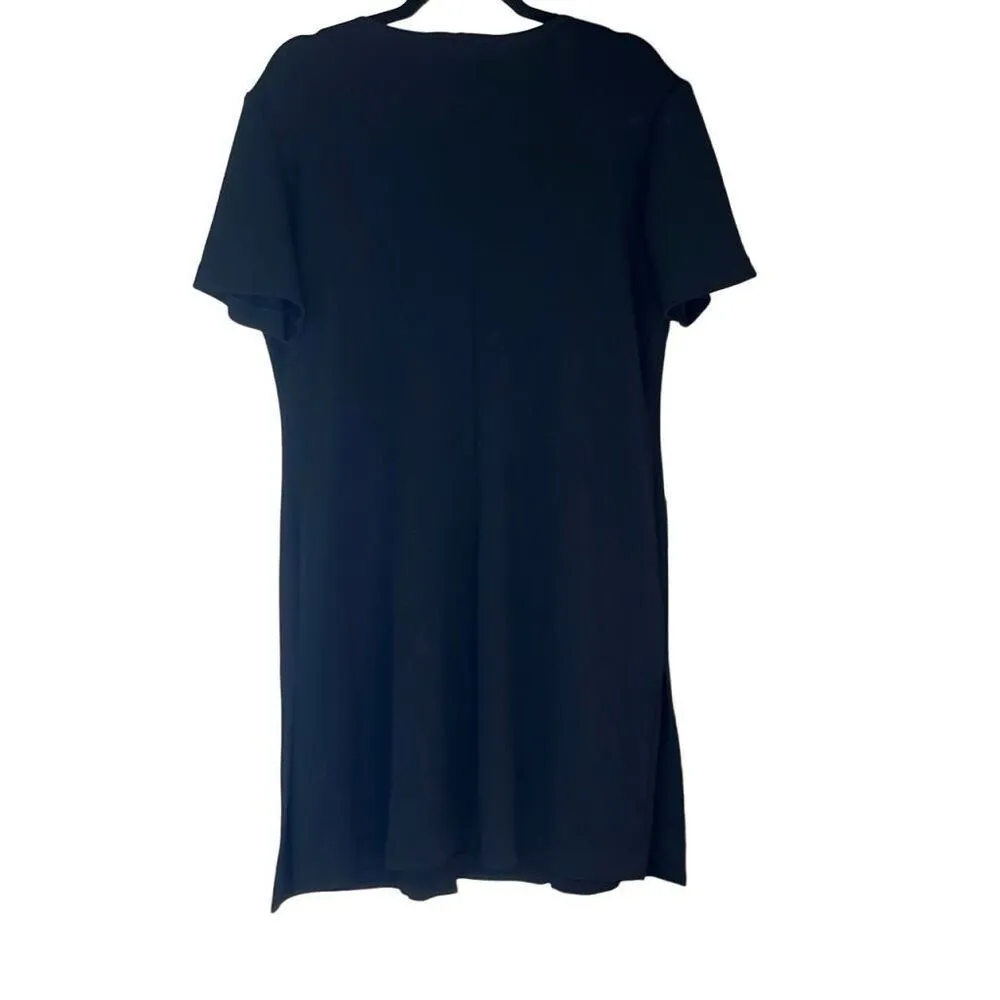 Black Textured Knit Short Sleeve One Button Front Mini Dress Large LBD Workwear - Image 2