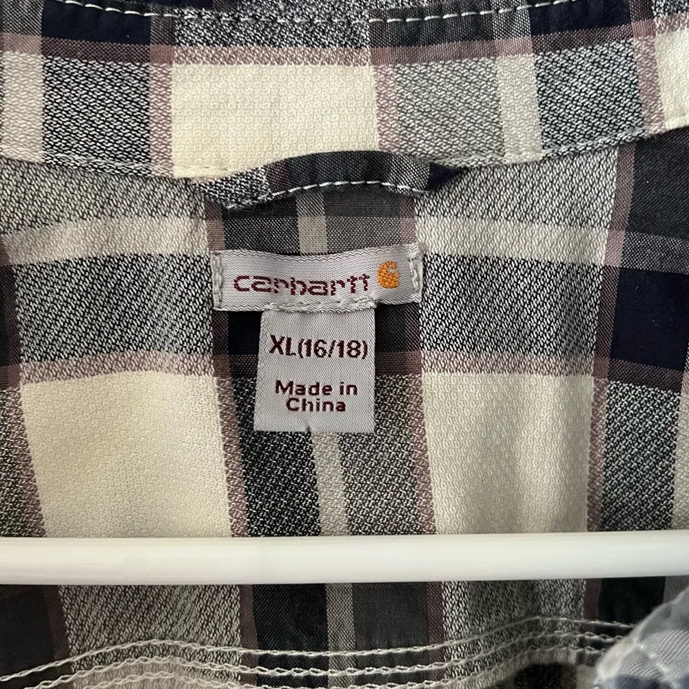 Carhartt Cream and Blue Plaid Button Up Size XL - Image 3