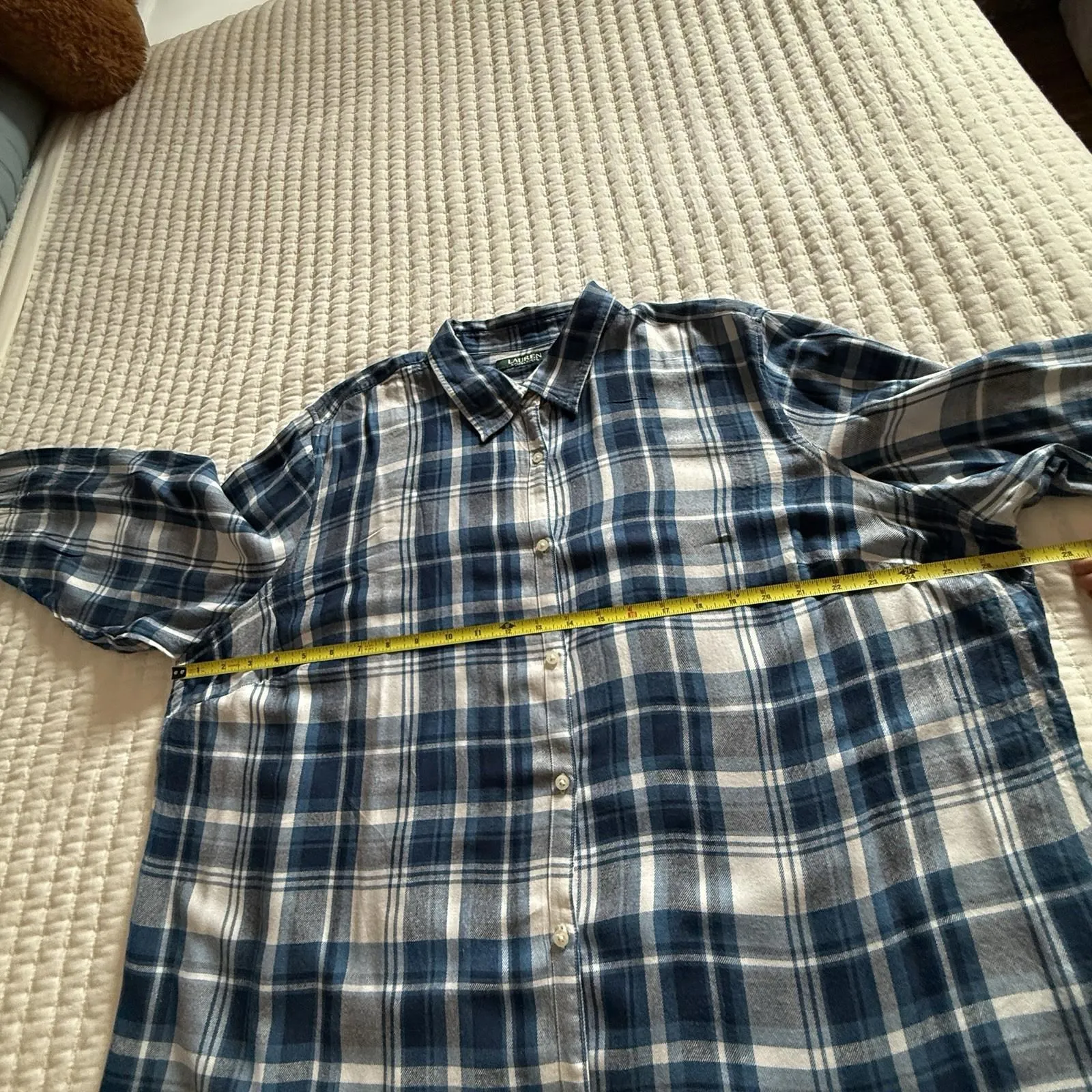 Lauren Ralph Lauren Button Up Collared Flannel Shirt Blue White Plaid Sz 3X - Image 4