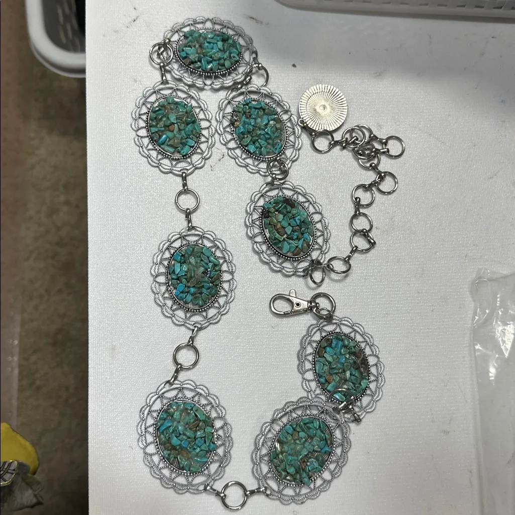 Western Turquoise Concho Boho Belly Metal Waistband Chain Belt Silver - Image 5