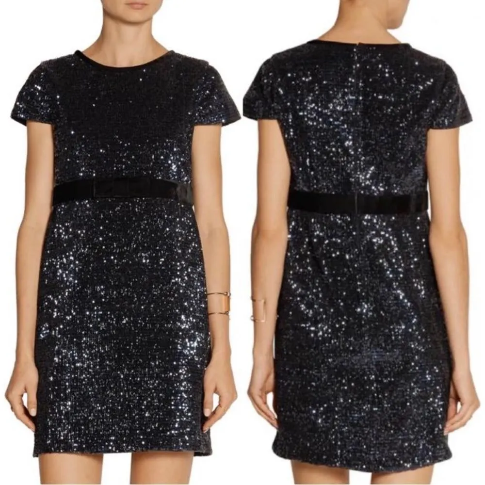 Maje Ketsia Midnight Blue Sequin Mini Dress Bow Waist Velvet Trim Party Cocktail - Image 2