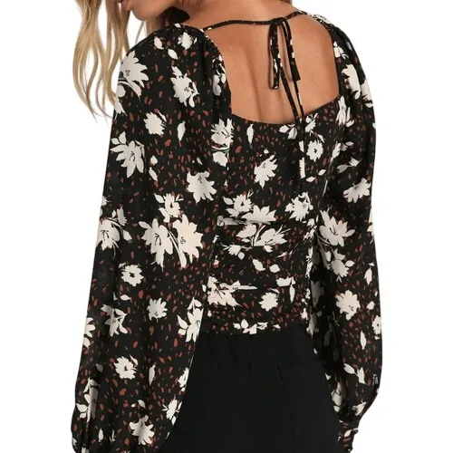 LULU'S Chic Validation Black Floral Print Ruched‎ Long Sleeve Top NWT Size Small - Image 2