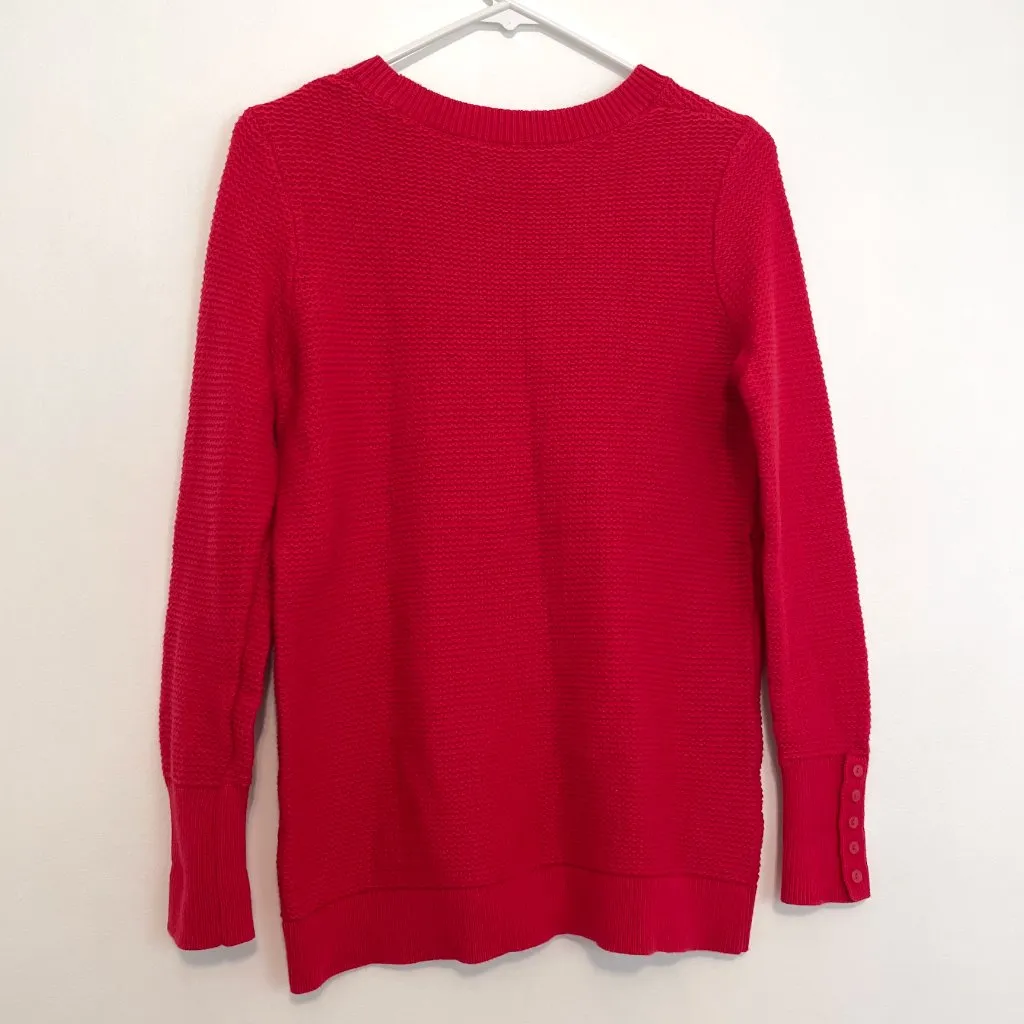 ANN TAYLOR LOFT Textured Button Cuff Sweater Bright Red 100% Cotton Crew Neck M - Image 11