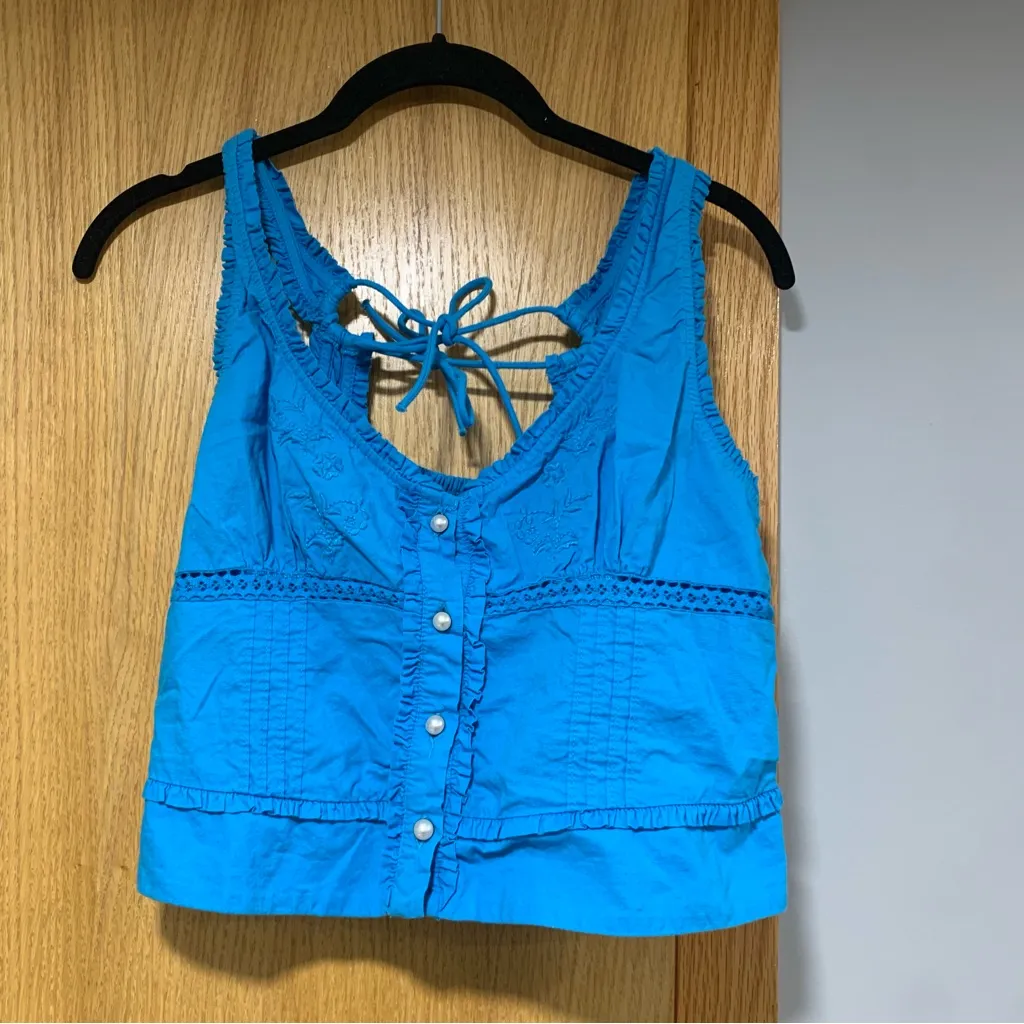 Free People Kerry Embroidered Blue Ruffle Trim Tank Top - Size Small - Image 2
