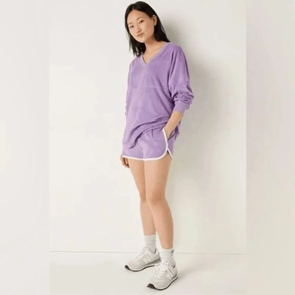 PINK Victorias Secret Lavender Purple Terry Cloth Varsity Booty Lounge Shorts XS - Image 7