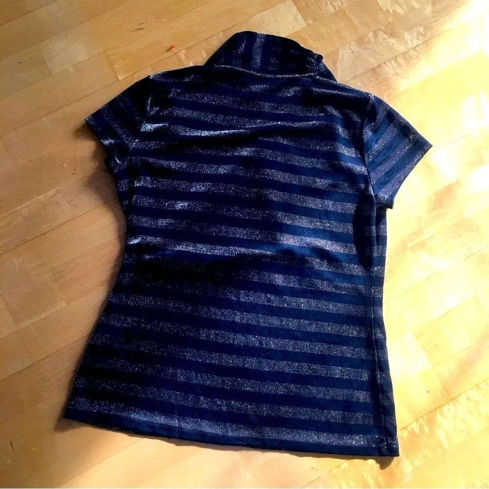 DKNY Striped, Sparkly, Short-Sleeve Dressy Blouse, Black, Bronze, Size XL - Image 3