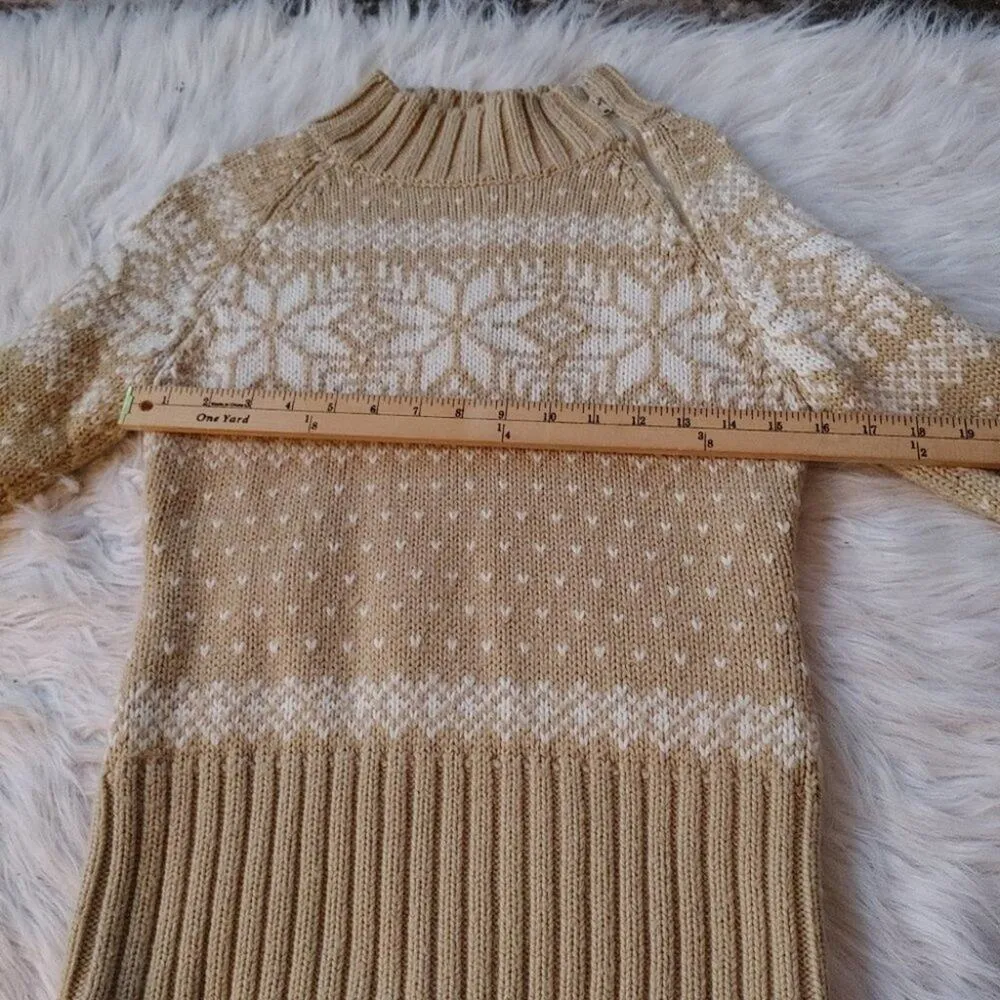 RN 59466 Tan Heart Neck Zipper Sweater Size Medium M Acrylic Snowflake - Image 2