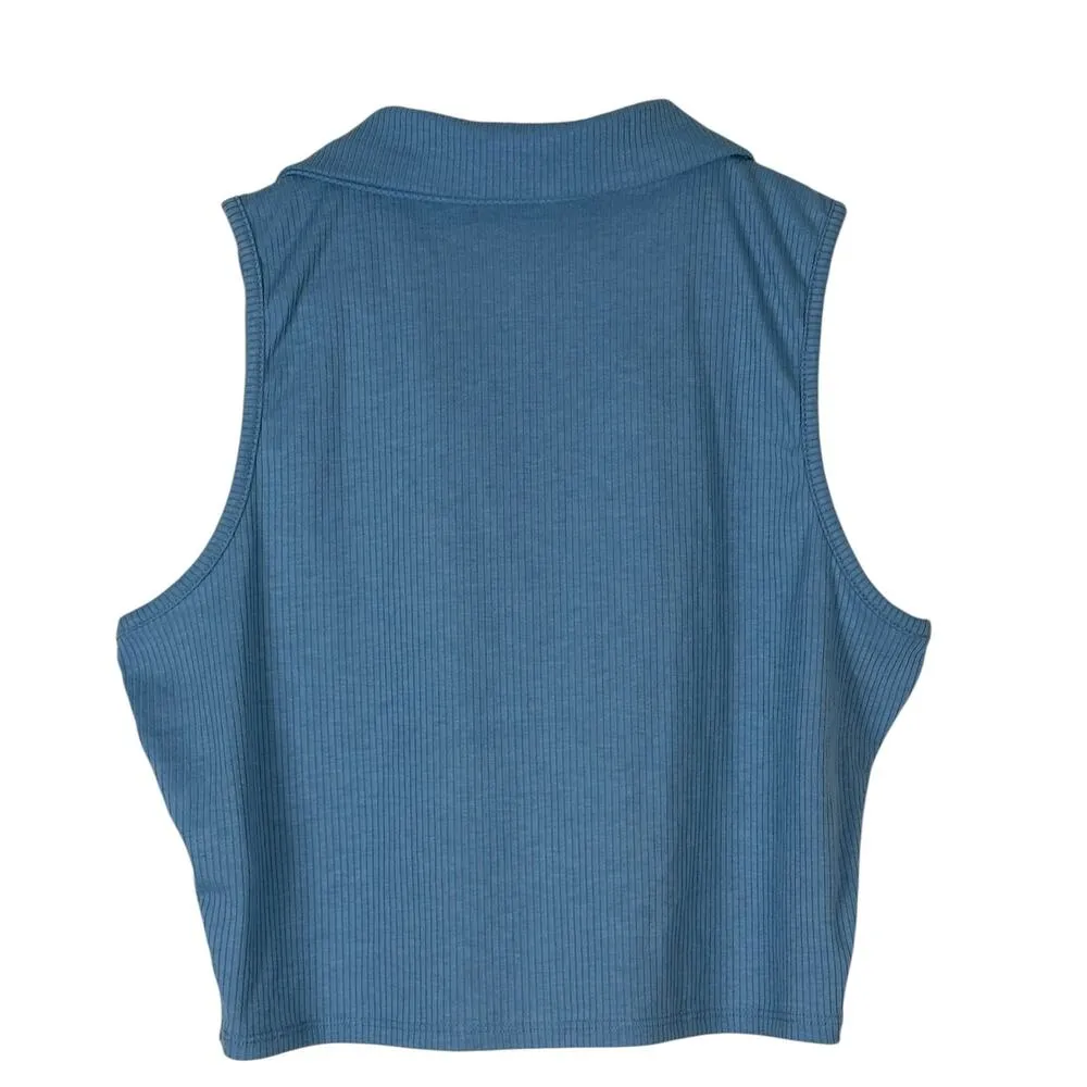 Earthbound Crop Tank Top Womens XXL Blue Ribbed Sleeveless Collared Indie Retro - Image 3