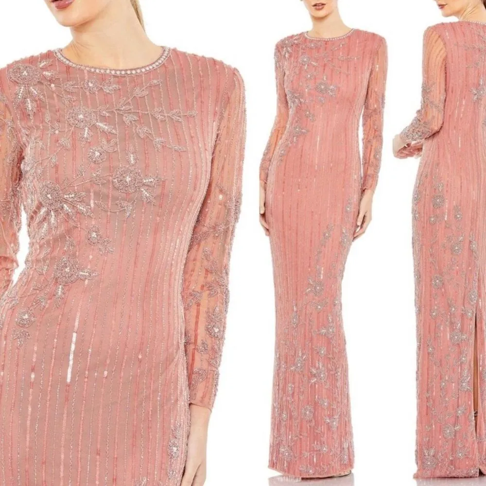 Mac Duggal 93626 High Neck Illusion Embellished Gown Dress Rose 14 - Image 3