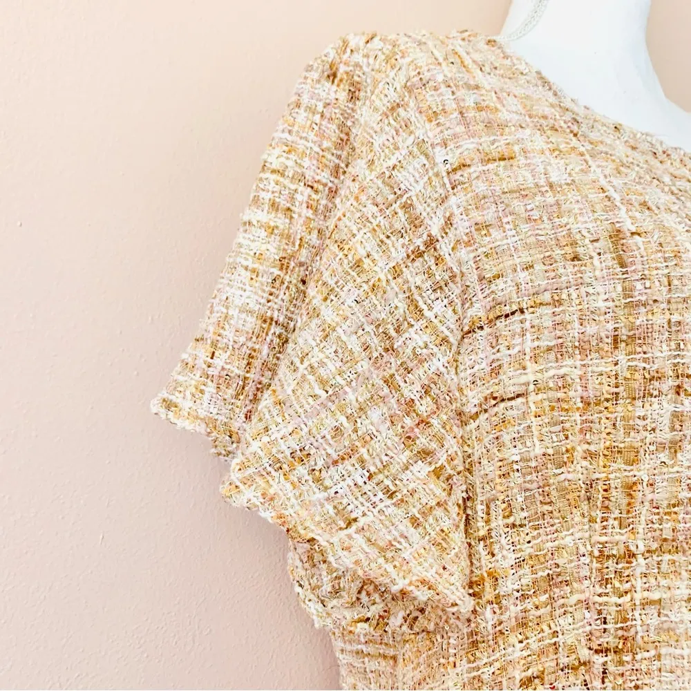 DM Fashion Beige, Pink & Gold Tweed Sequins Flutter Sleeve Dress. Size 1X - Image 4