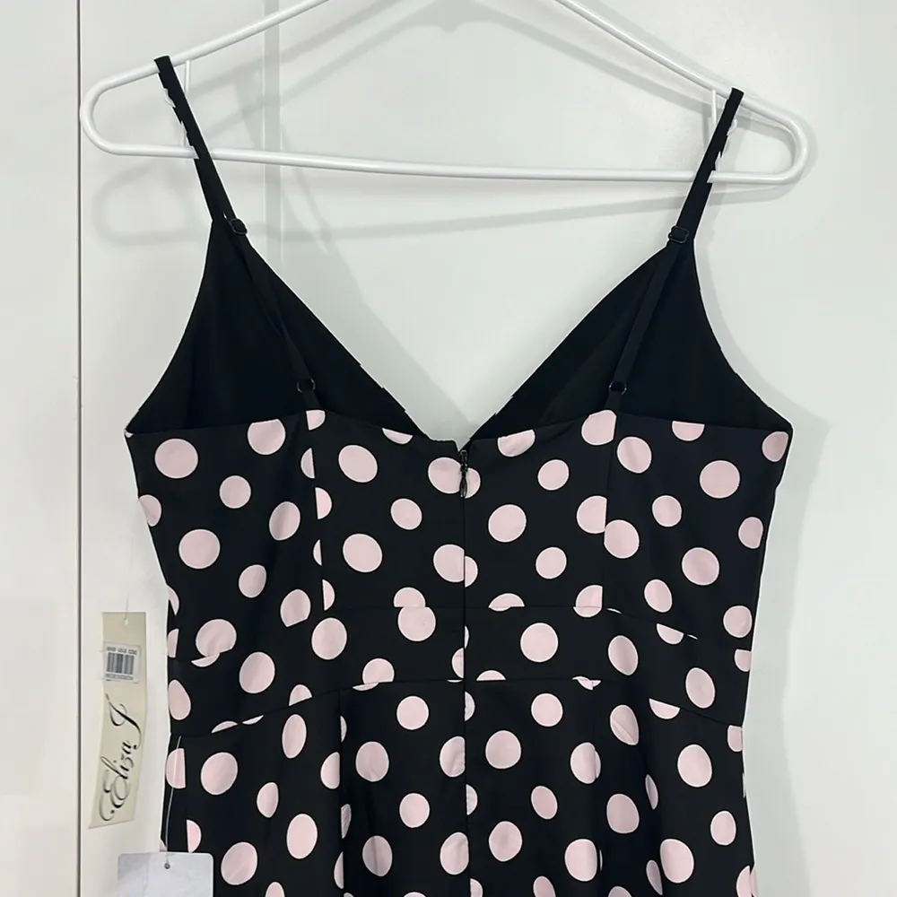 New Eliza J Size 2 Black, Pink Polka Dot Midi V-Neck Asymmetrical Hem Dress - Image 11