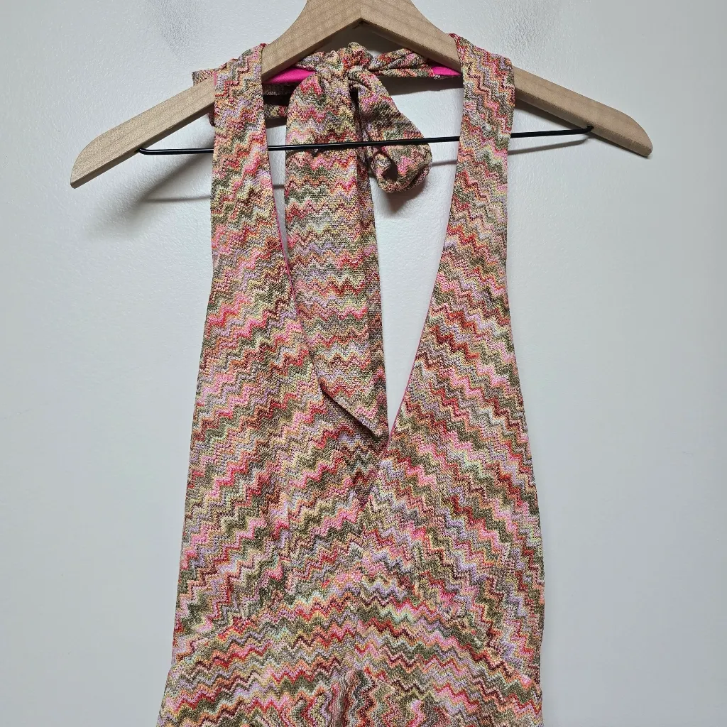 Ramy Brook Henrietta Chevron Stripe Halter Midi Dress Pink Punch‎ Gold Shimmer 2 - Image 5