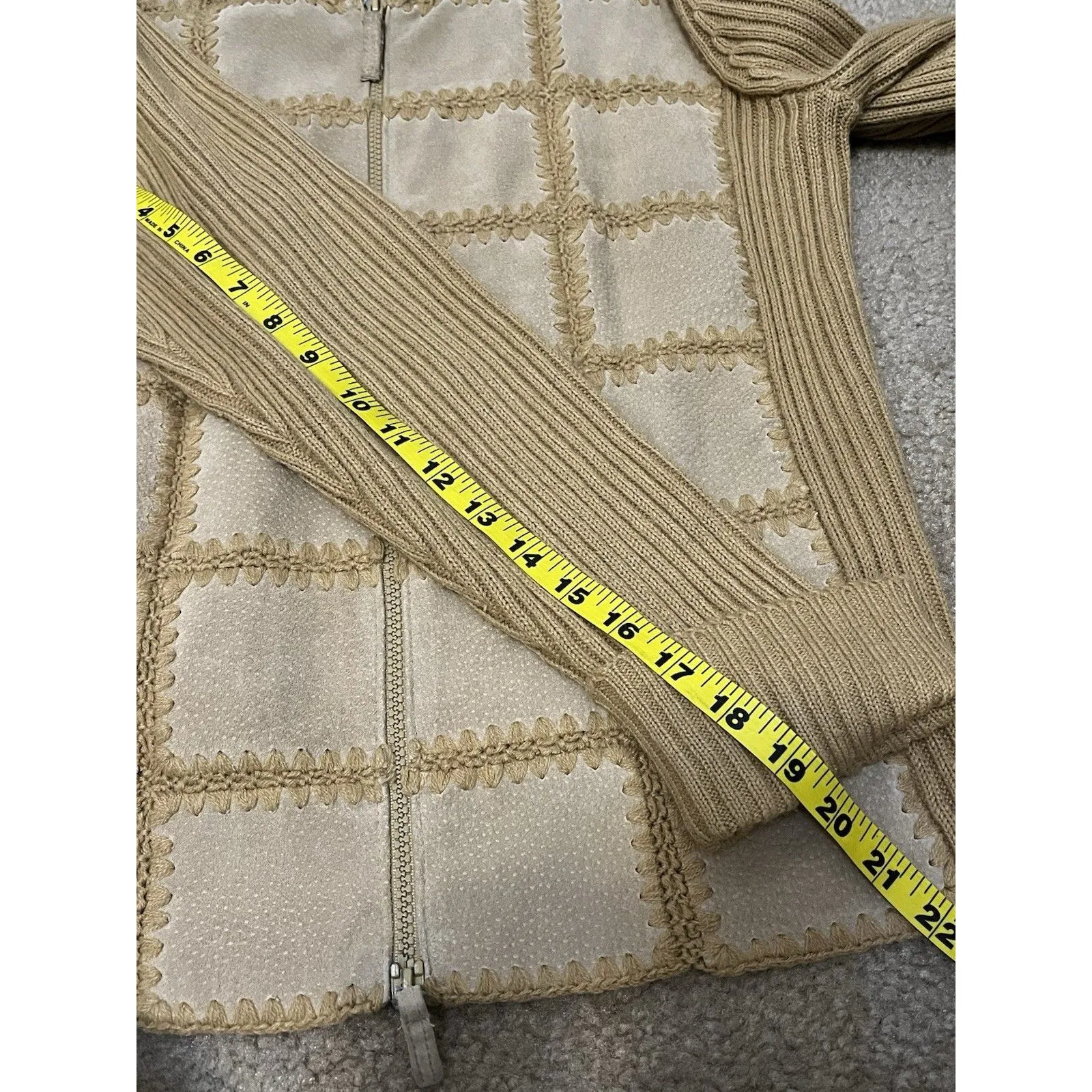 Vintage 90s Leather Patchwork Sweater M Full Zip Brown Boho Western Rustic Ranch - Image 6