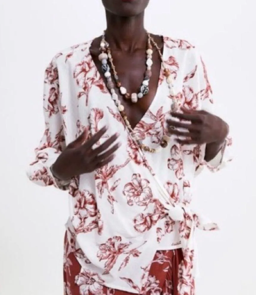 Zara Linen Blend Floral Wrap Blouse - Image 2