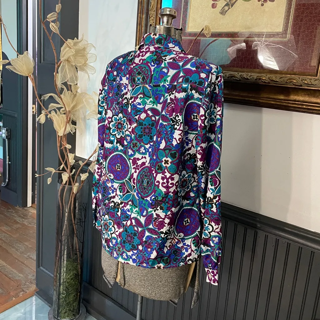 Vintage 70s 80s Pykettes Abstract Floral Pleated Button Up Blouse 💚🎀 Purple Size L - Image 6