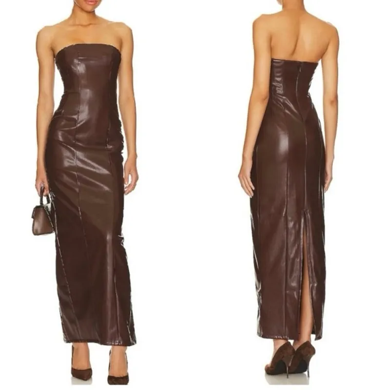 Lovers + Friends X Rachel Ana‎ Brown Faux Leather Maxi Dress Small Strapless S - Image 2