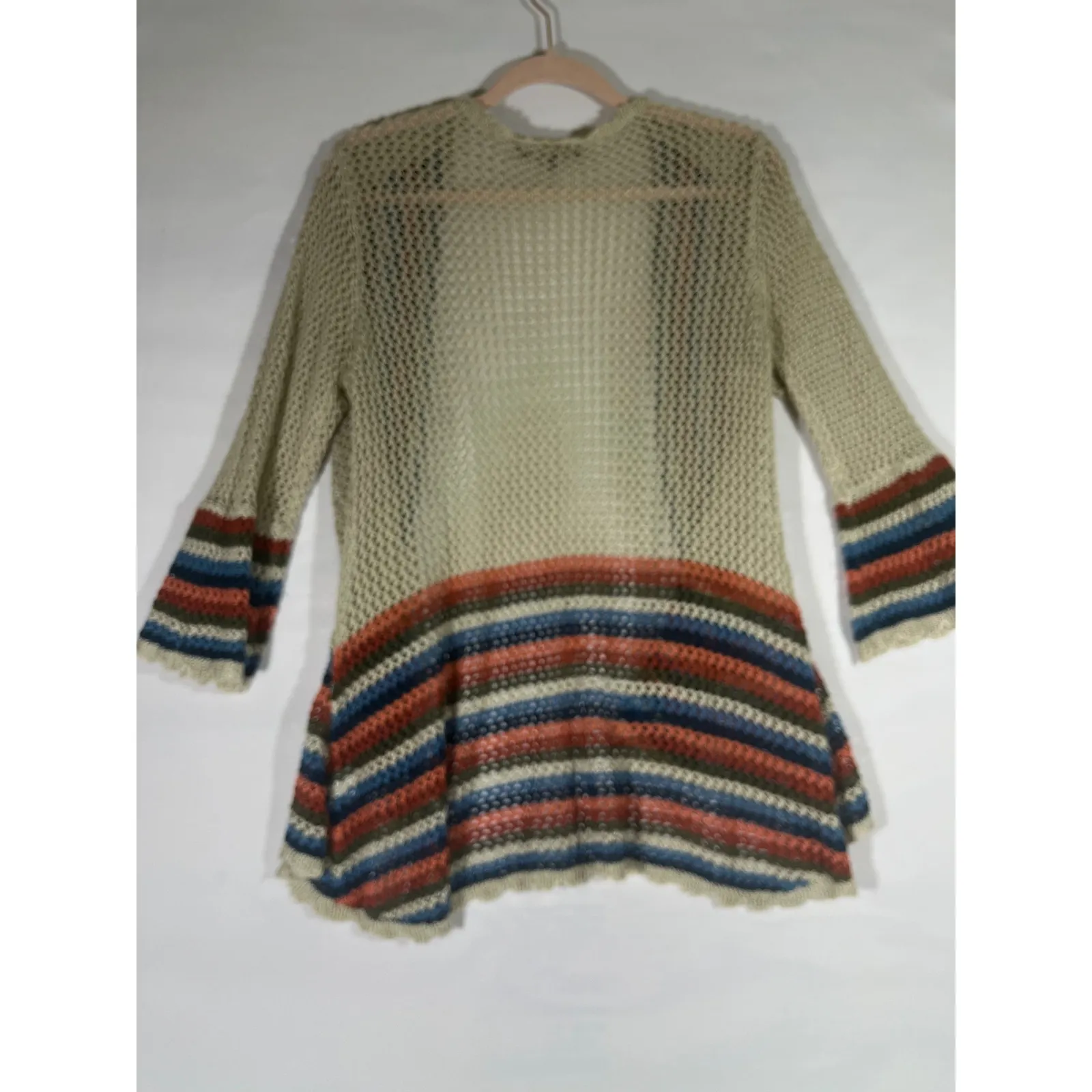 Almost Famous Crochet Knit Open Front Cardigan Women Multi Stripe Bell Sleeve XL - Image 2