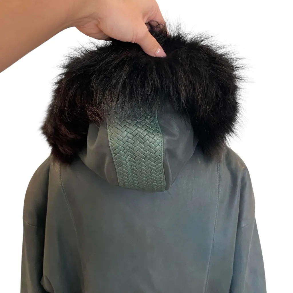 VTG 80’s Express Dark Green Leather Toggle Coat with Fur Trim Hood - Image 7