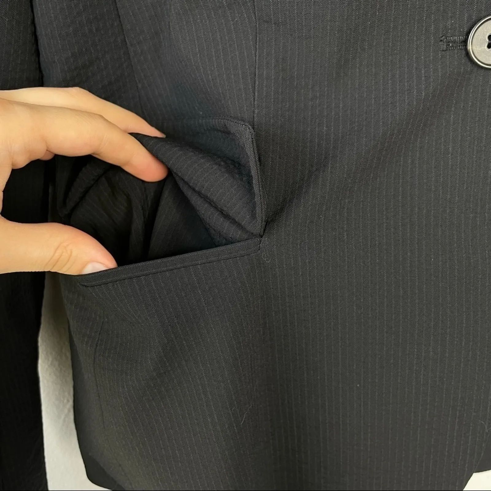 THEORY Wool Blazer Jacket Size 6 Black Crinkle Stripe Office Professional Work - Image 3