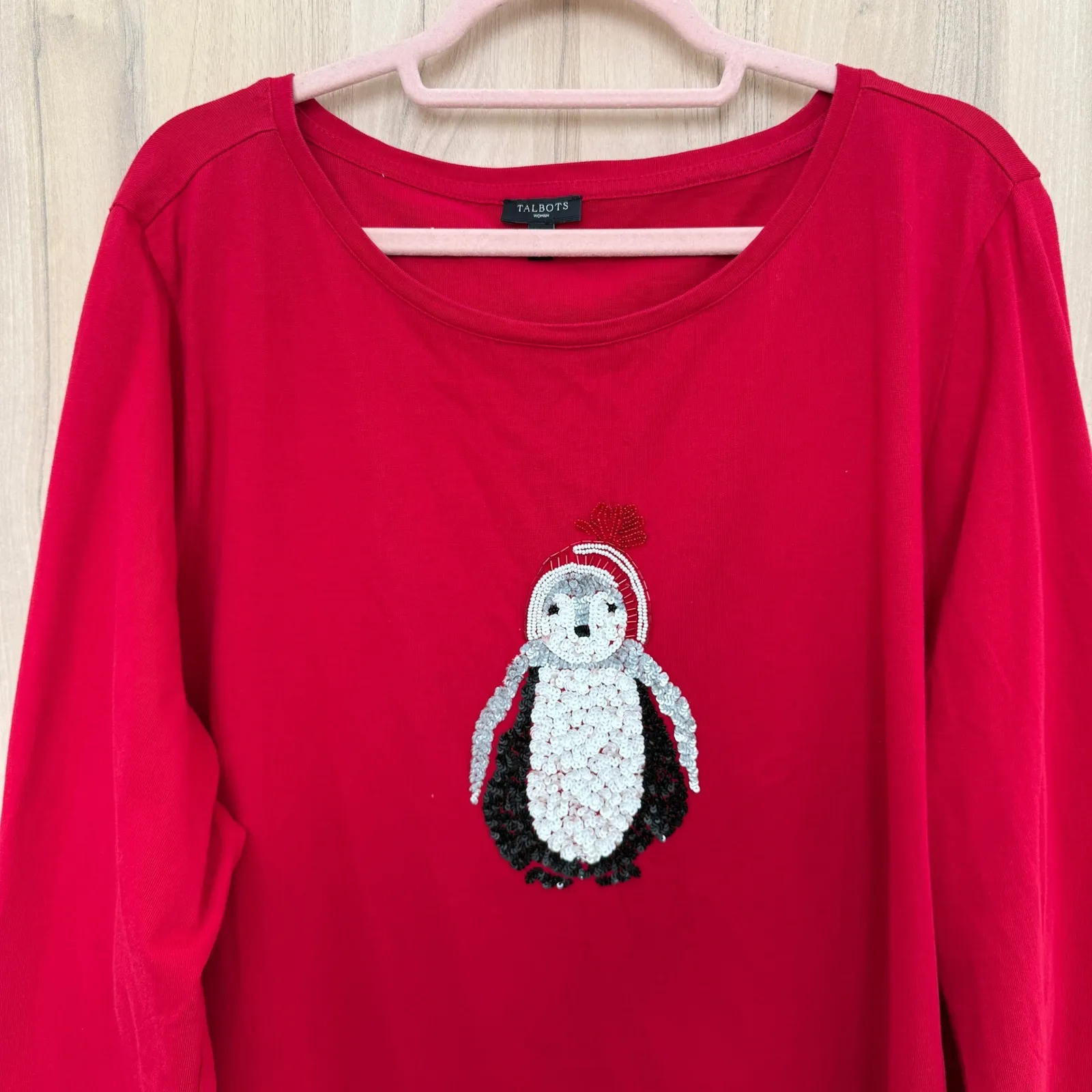 Talbots Womens Penguin‎ Top Size 3X Red Sequin Holiday Winter Long Sleeve Tee - Image 2