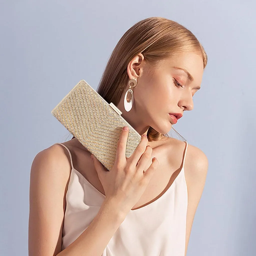 ⚡ Women's Sparkly Rhinestone Glitter Metal Clasp Chain Evening Gold Clutch Bag - Image 2