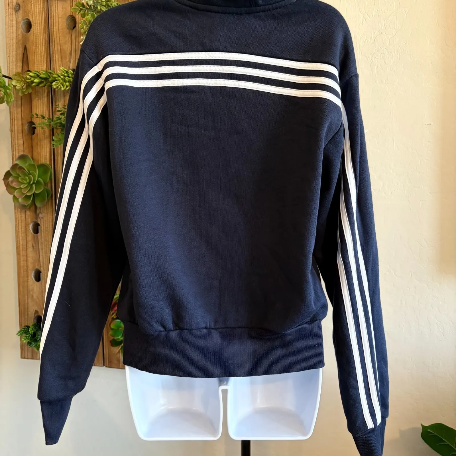 Adidas Essentials Striped Fleece Hoodie Sweatshirt XS Navy Women Kangaroo Pocket - Image 4