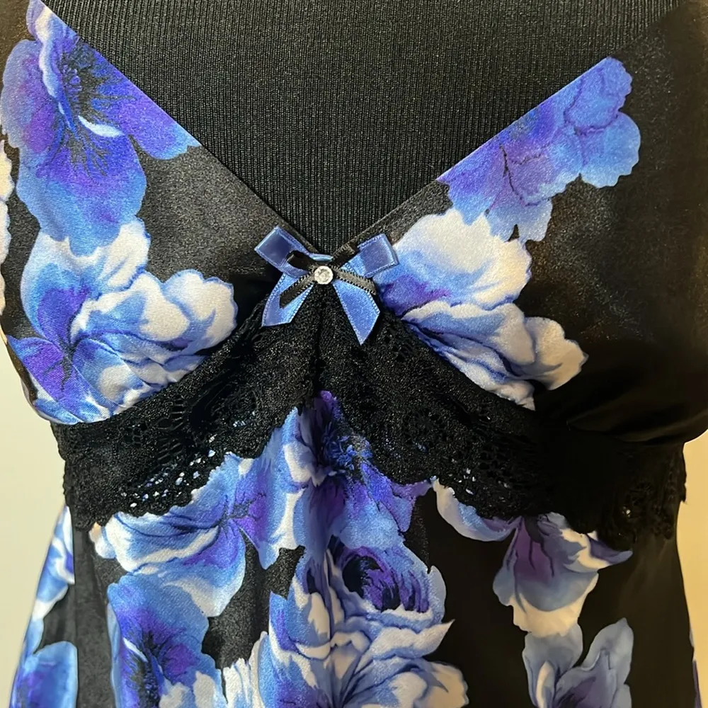 IN BLOOM Floral Lace Chemise Slip Dress Black Violet | M - Image 8