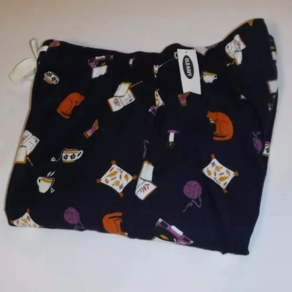 NWT Old Navy Flannel Sleep Lounge 100% Cotton Pants Navy Blue Tea Cat Size 3X - Image 5