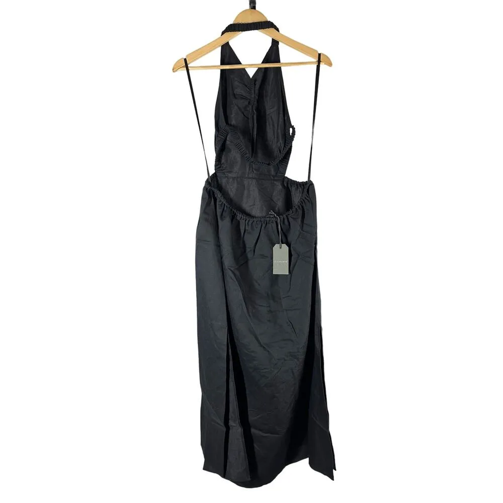 All Saints Ludo Black Cut Out Open Back Halter Linen Blend Midi Dress Size US 8 - Image 5