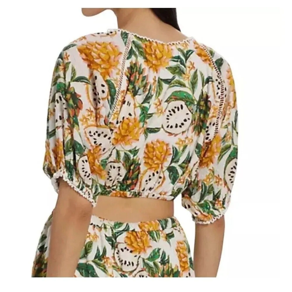 Farm Rio Biriba Fruit Puff-Sleeve Crop Top in Off White Size Small New $140 - Image 5