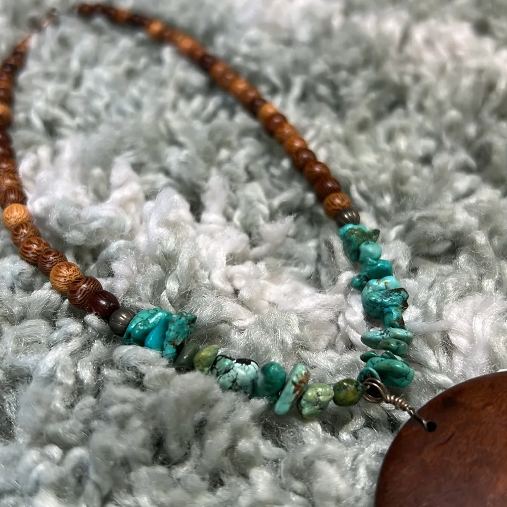 Artisan made 1 of a kind turquoise and wood necklace. Vintage 1997! Coachella Vibes Blue - Image 5