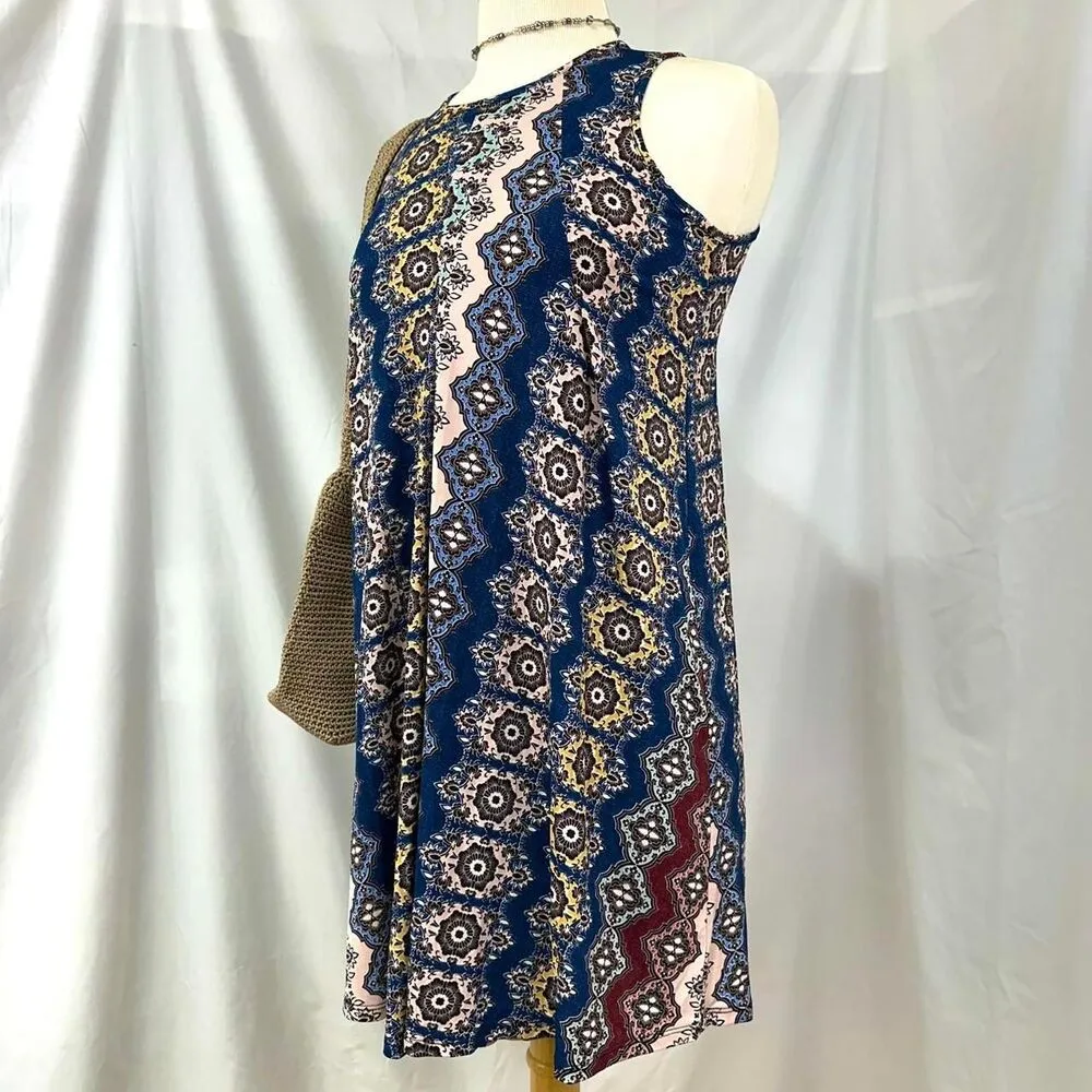 2000s BCBGMAXAZRIA Multicolor Patterned Sleeveless Mini Swing Dress Sz XXS Boho - Image 2