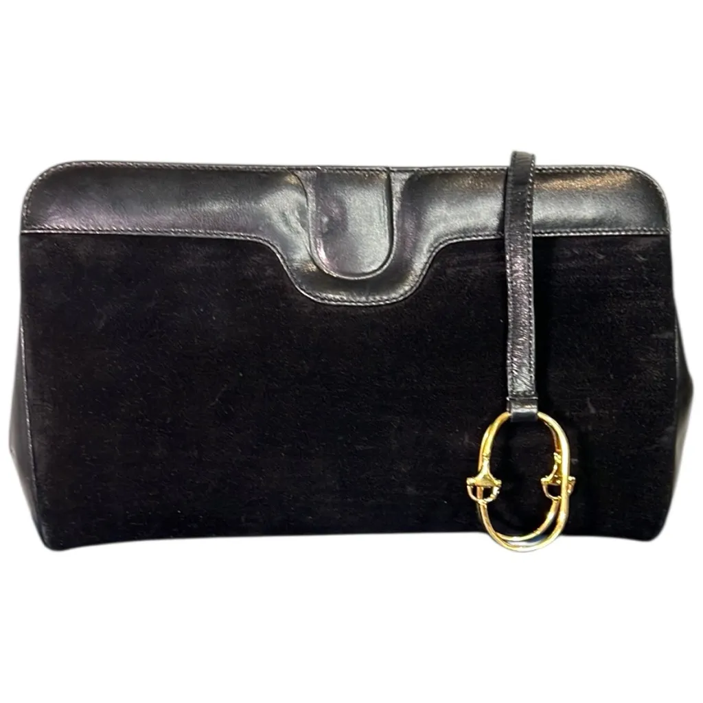 Gucci Vintage Clutch Gold Tone Clip Closure Black Suede leather COA - Image 3