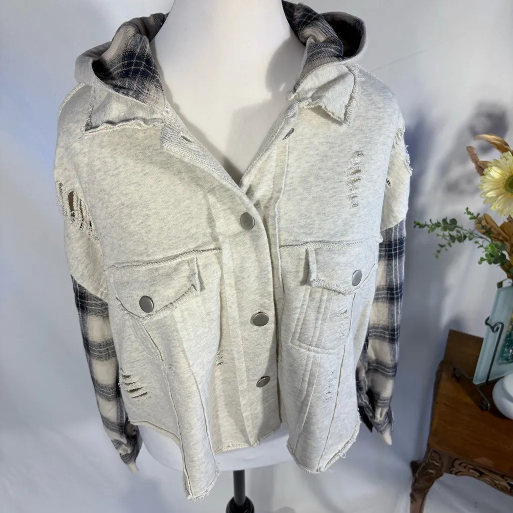 Dance & Marvel Cropped Hooded Flannel + Knit Pieced Shacket Distressed ~Small💛 - Image 2