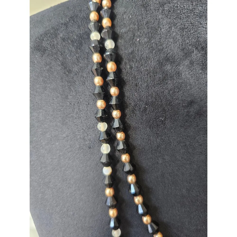 Women's Long Beaded Necklace With Black Crystal Gold Pearl And White Bead Design - Image 7
