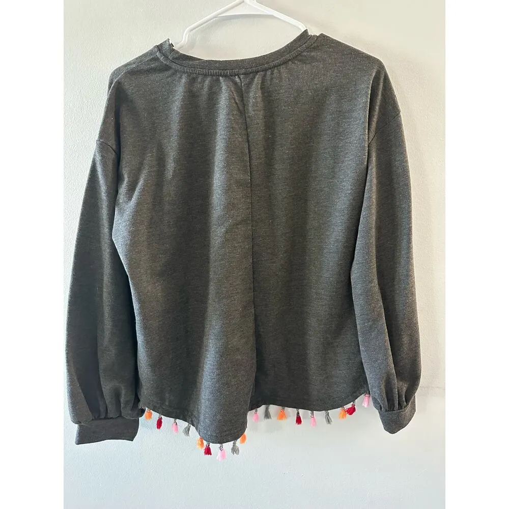 SHEIN Top Women's Small Gray Tassel Fringe Balloon Sleeve Crewneck Boho - Image 6