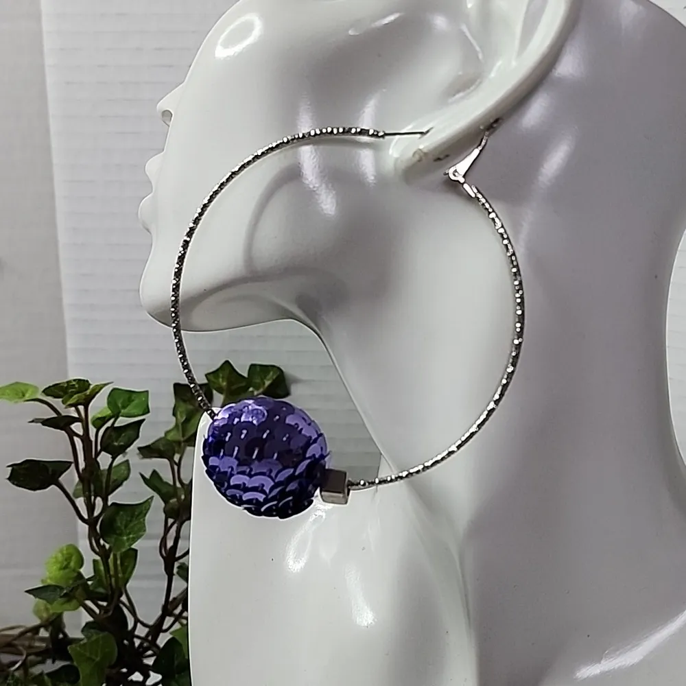 Large Silver Statement Hoop Earrings with Lavender Purple Sequin Disco Ball… - Image 5
