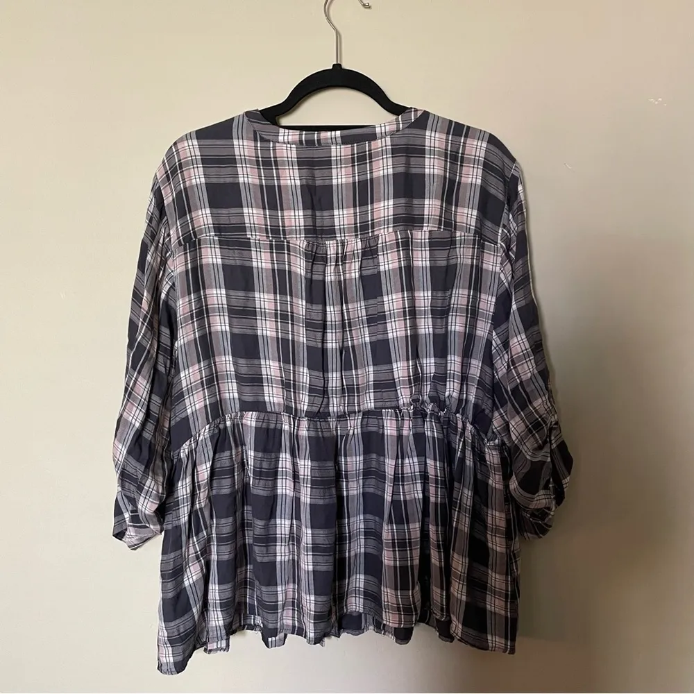 Grey Plaid Babydoll Rayon Twill Button-Front Top - Image 12