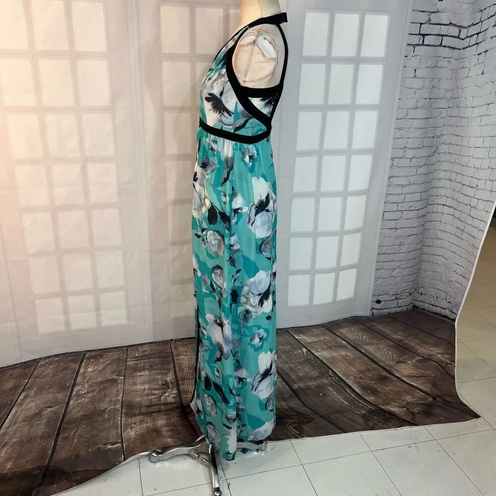 Parker green floral black trim silk blend front slit maxi dress size XS - Image 7