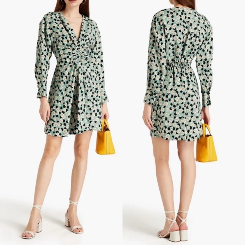 Angele Floral Print Polka Dot Linen Mini Dress Sage Green - Image 2